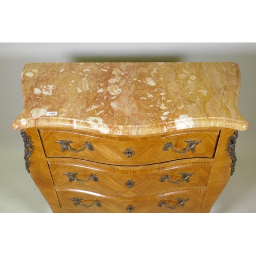 1008 - A Louis XV style tulipwood serpentine shaped three drawer commode with Sienna marble top and brass m... 