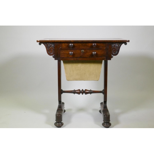 1009 - A C19th colonial rosewood worktable with two drawers, the bottom one with fitted interior, and a pul... 