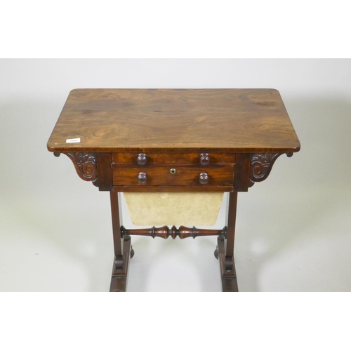 1009 - A C19th colonial rosewood worktable with two drawers, the bottom one with fitted interior, and a pul... 