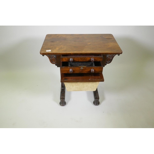 1009 - A C19th colonial rosewood worktable with two drawers, the bottom one with fitted interior, and a pul... 