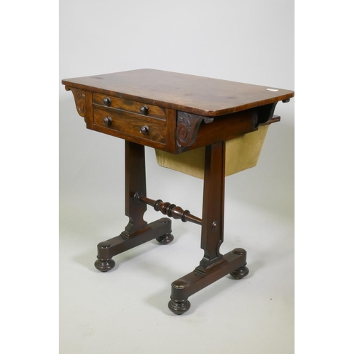 1009 - A C19th colonial rosewood worktable with two drawers, the bottom one with fitted interior, and a pul... 