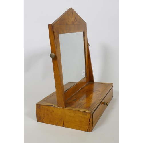 1011 - An early C19th Scandinavian inlaid satin birch toilet mirror with single drawer, 36 x 22 x 42cm