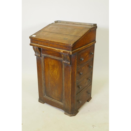 1016 - C19th painted and grained pine Davenport, with three quarter brass gallery and lift up top, four tru... 