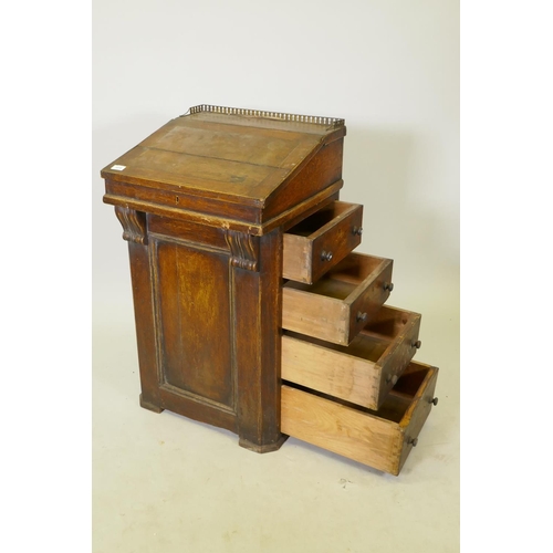 1016 - C19th painted and grained pine Davenport, with three quarter brass gallery and lift up top, four tru... 