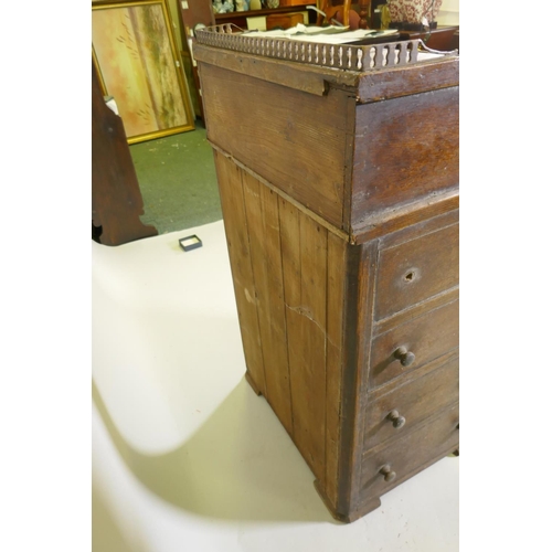 1016 - C19th painted and grained pine Davenport, with three quarter brass gallery and lift up top, four tru... 