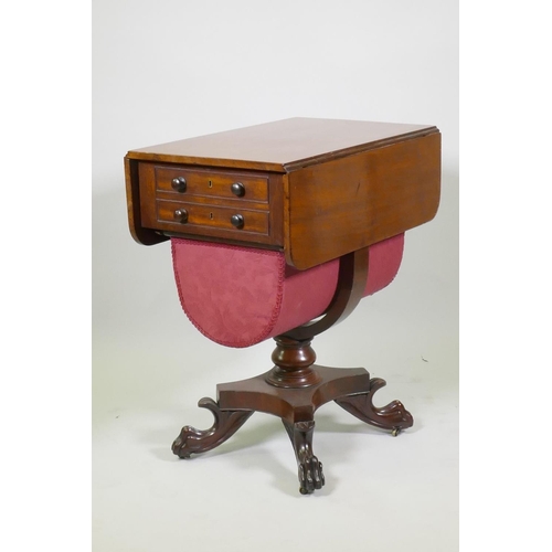 1019 - C19th mahogany work table, with drop leaves and two drawers, the top fitted with compartments, a han... 