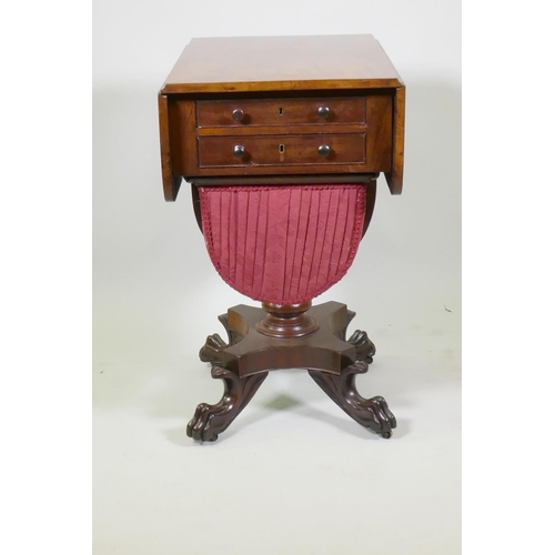 1019 - C19th mahogany work table, with drop leaves and two drawers, the top fitted with compartments, a han... 