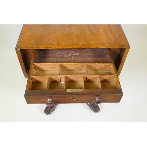 1019 - C19th mahogany work table, with drop leaves and two drawers, the top fitted with compartments, a han... 