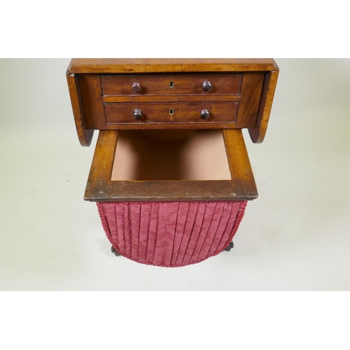 1019 - C19th mahogany work table, with drop leaves and two drawers, the top fitted with compartments, a han... 