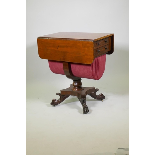 1019 - C19th mahogany work table, with drop leaves and two drawers, the top fitted with compartments, a han... 