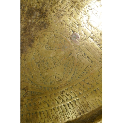 102 - Antique oriental gilt copper tray, the border decorated with a procession of men accompanied by bird... 