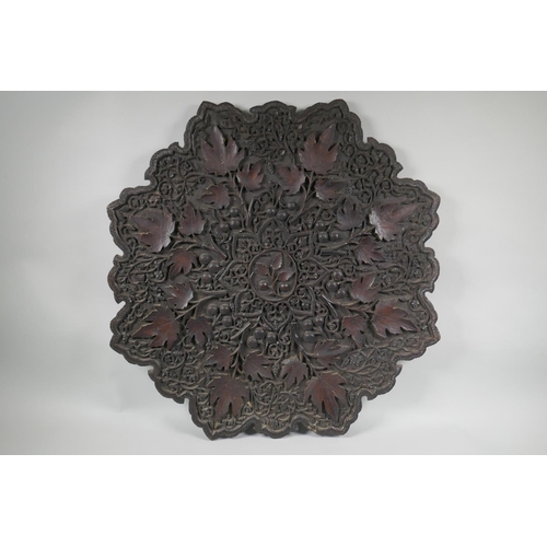 1021 - A C19th carved hardwood font cover/table top, with scrolling vine decoration, 66 x 66cm