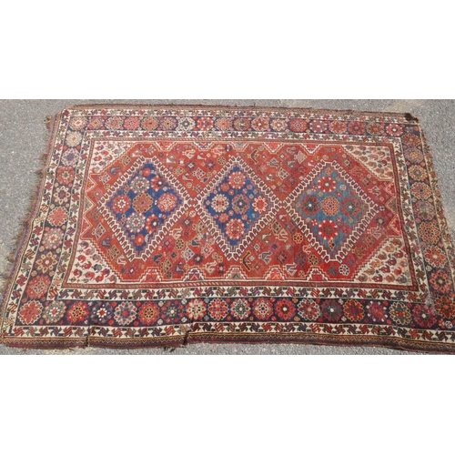 1032 - A Persian blue ground luri rug with geometric design and gold border, 154 x 108cm