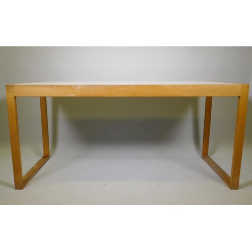 1039 - A vintage beech wood refectory style table with inset formica top, possibly Habitat, 152 x 66 x 71cm