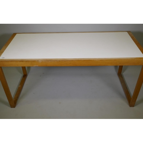 1039 - A vintage beech wood refectory style table with inset formica top, possibly Habitat, 152 x 66 x 71cm