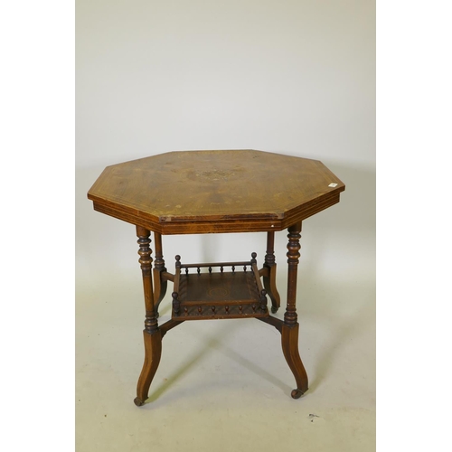 1050 - Victorian inlaid rosewood octagonal top centre table with turned and shaped supports united by a gal... 