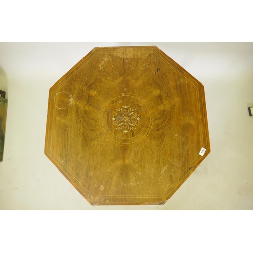 1050 - Victorian inlaid rosewood octagonal top centre table with turned and shaped supports united by a gal... 