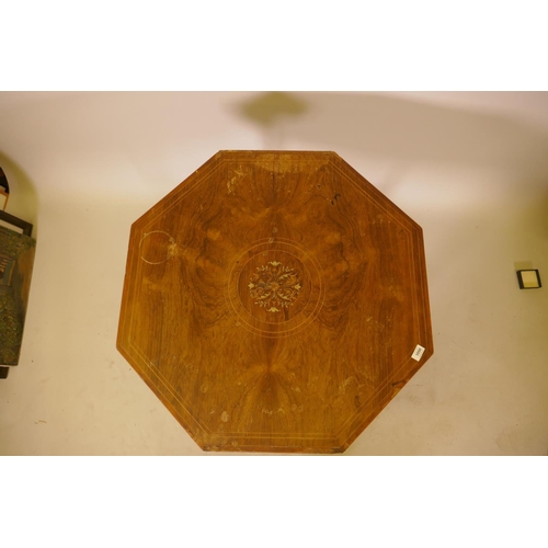 1050 - Victorian inlaid rosewood octagonal top centre table with turned and shaped supports united by a gal... 