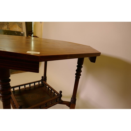 1050 - Victorian inlaid rosewood octagonal top centre table with turned and shaped supports united by a gal... 