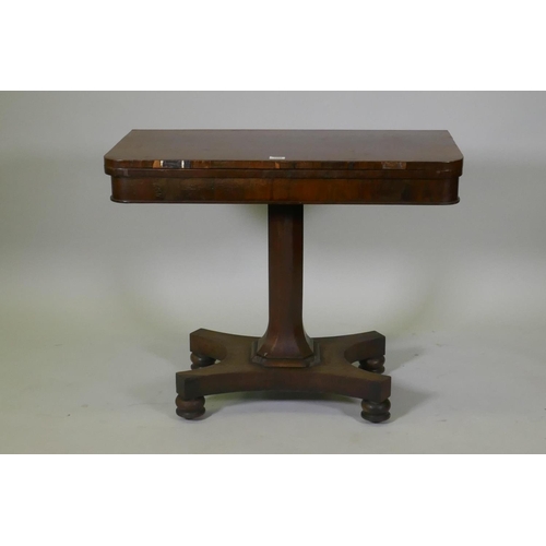 1058 - Early C19th rosewood card table, with fold out top and baized interior, raised on a tapering hexagon... 