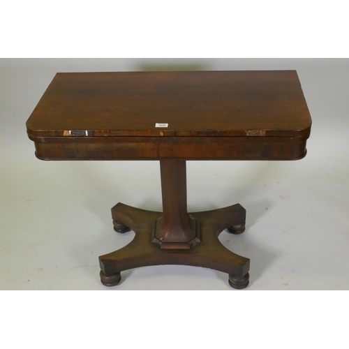 1058 - Early C19th rosewood card table, with fold out top and baized interior, raised on a tapering hexagon... 