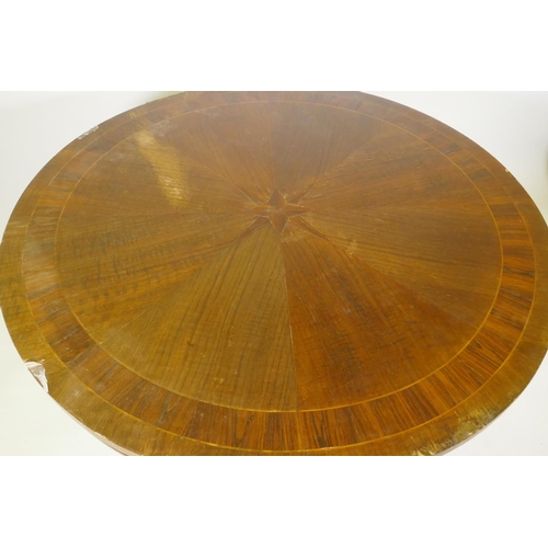 1064 - C19th tilt top breakfast table, the top with rosewood banding and fiddle back veneer, raised on an o... 