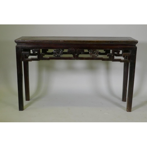 1066 - A Chinese hardwood altar table with carved peach tree details to frieze, 134 x 39cm, 83cm high