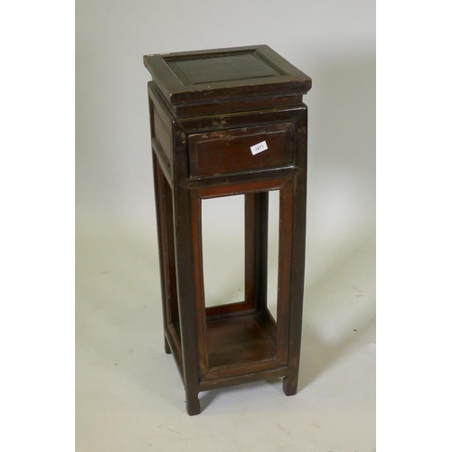 1071 - A Chinese hardwood plant stand with single drawer, 34 x 34cm, 93cm high