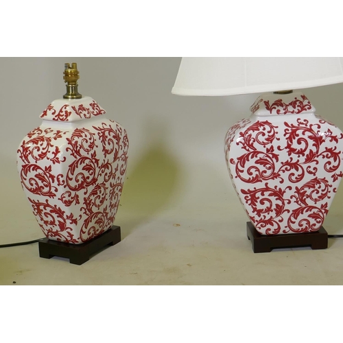 108 - A pair of oriental ceramic table lamps with foliate decoration and linen shades, as new, lamp 40cm, ... 