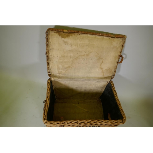 1088 - Antique wicker laundry basket with leather straps, 80 x 54 x 52cm