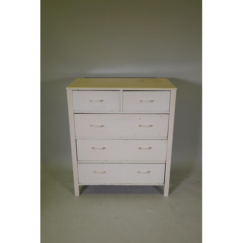 1089 - A vintage painted pine and plywood chest of two over three drawers, raised on stile supports, 91 x 4... 