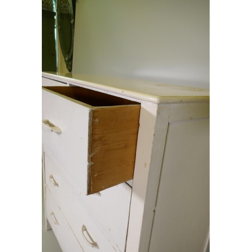 1089 - A vintage painted pine and plywood chest of two over three drawers, raised on stile supports, 91 x 4... 