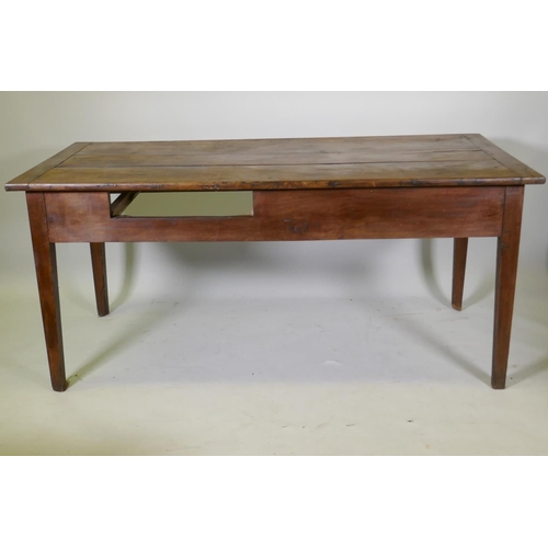 1091 - Antique French fruitwood kitchen farmhouse table, with cleated top and end drawer, and push-pull dra... 