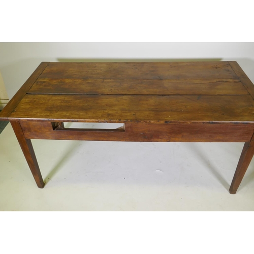 1091 - Antique French fruitwood kitchen farmhouse table, with cleated top and end drawer, and push-pull dra... 