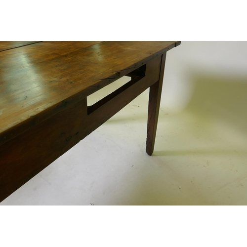 1091 - Antique French fruitwood kitchen farmhouse table, with cleated top and end drawer, and push-pull dra... 