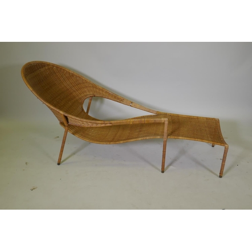 1096 - A mid century cane  on metal frame day bed/chaise longue, 153cm long