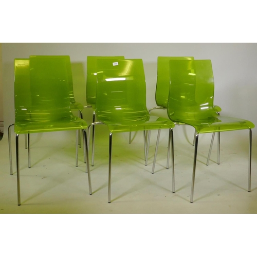 1103 - A set of six Italian Roberto Foschia Slim style dining chairs in transparent lime green perspex and ... 