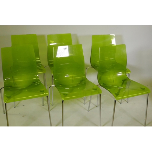 1103 - A set of six Italian Roberto Foschia Slim style dining chairs in transparent lime green perspex and ... 