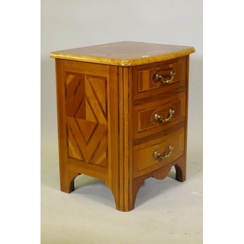 1109 - A Maltese marquetry inlaid three drawer bow fronted commode, with brass handles, raised on shaped su... 