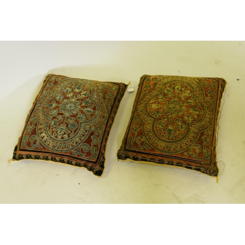 111 - A pair of Victorian needlework cushions with gilt and silver threads, 36 x 46cm