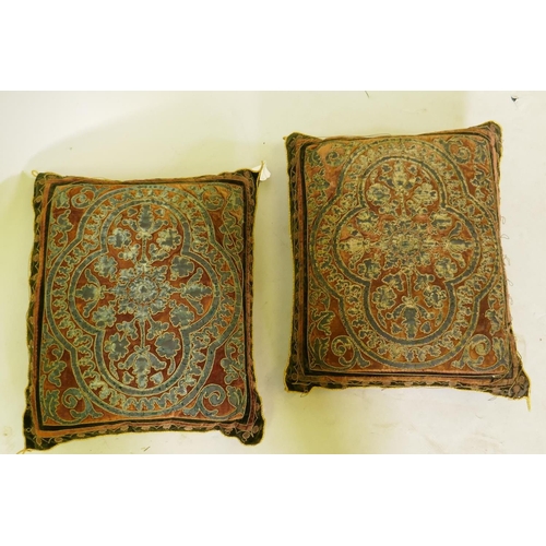 111 - A pair of Victorian needlework cushions with gilt and silver threads, 36 x 46cm