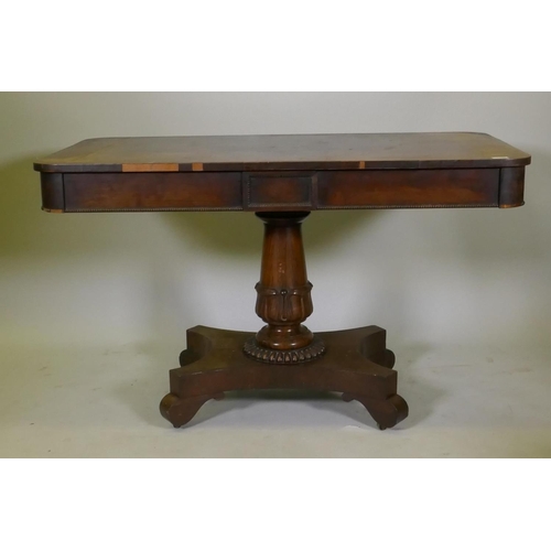 1110 - William IV rosewood centre table with two frieze drawers and beaded decoration, raised on a carved g... 