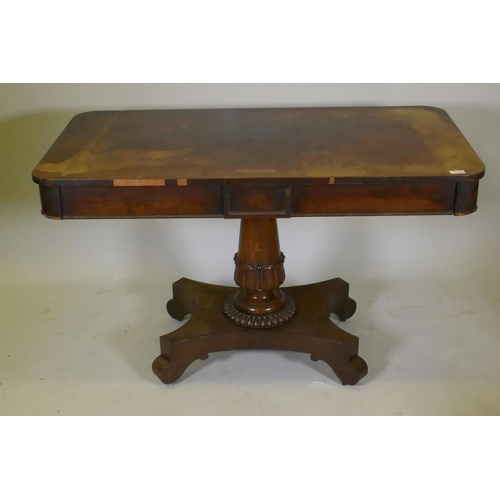 1110 - William IV rosewood centre table with two frieze drawers and beaded decoration, raised on a carved g... 