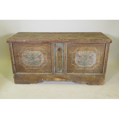 1113 - Early C19th Continental/East European pine dower chest with grain and painted decoration and hand pa... 