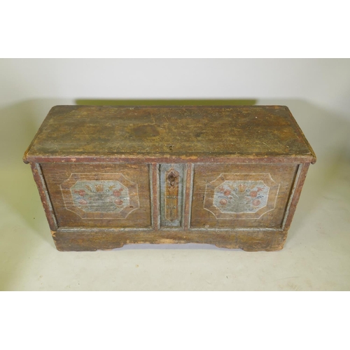 1113 - Early C19th Continental/East European pine dower chest with grain and painted decoration and hand pa... 