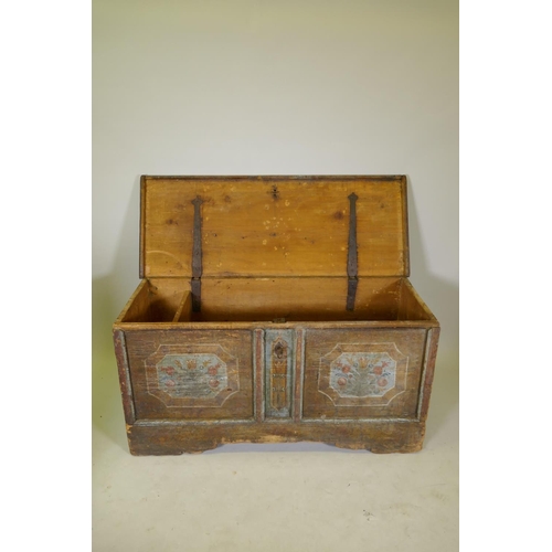 1113 - Early C19th Continental/East European pine dower chest with grain and painted decoration and hand pa... 