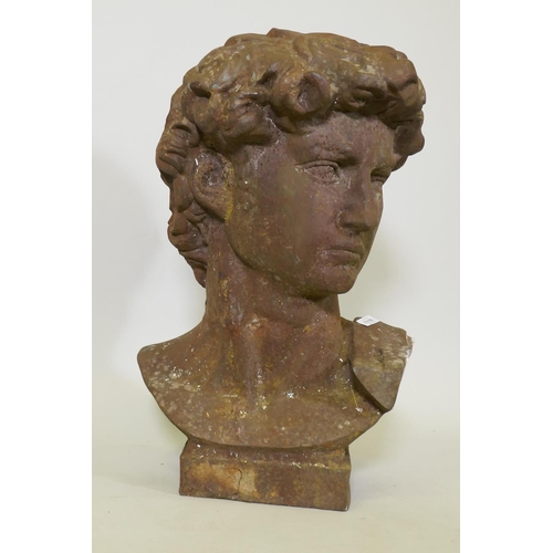 1116 - A large cast iron bust of David, after  Michelangelo, 68cm high