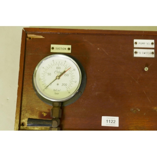 1122 - A set of vintage Coley of Brentford industrial pressure gauges mounted on mahogany panels, 120 x 25c... 