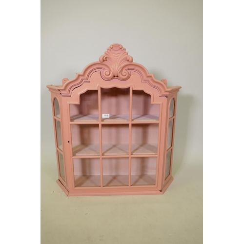 1140 - Antique Dutch style painted wood hanging display cabinet, with shaped cornice and carved crest, 82 x... 