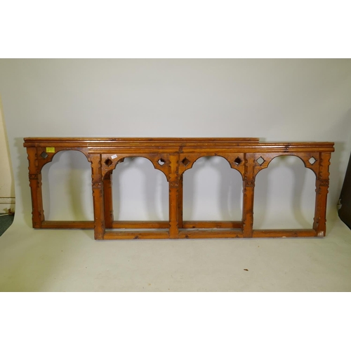 1144 - A pair of antique pine Gothic style church rails, 178 x 72cm